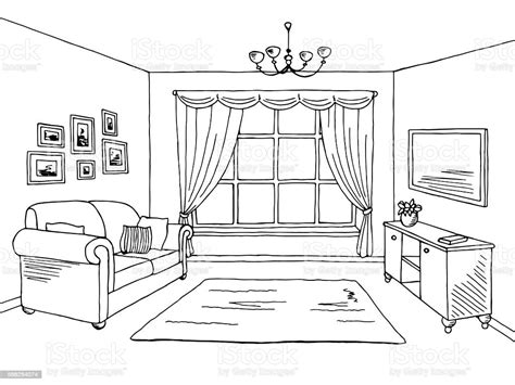 Living Room Graphic Black White Interior Sketch Illustration Vector