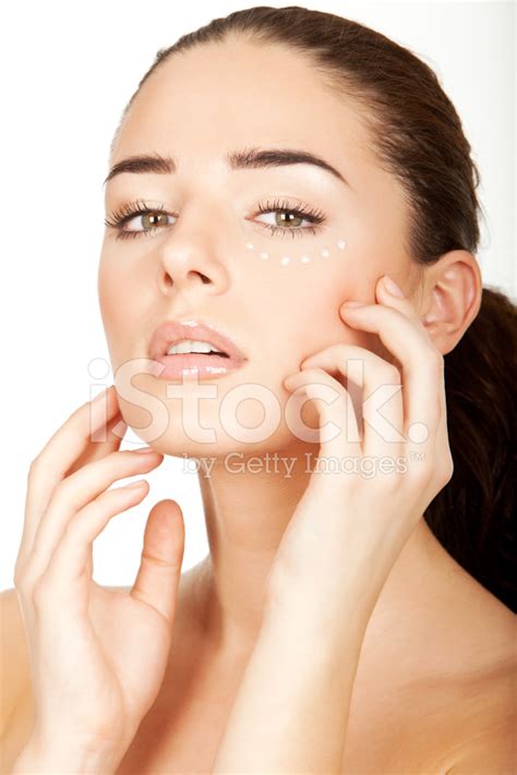Beautiful Brunette Young Woman Using Facial Creme Stock Photo Royalty