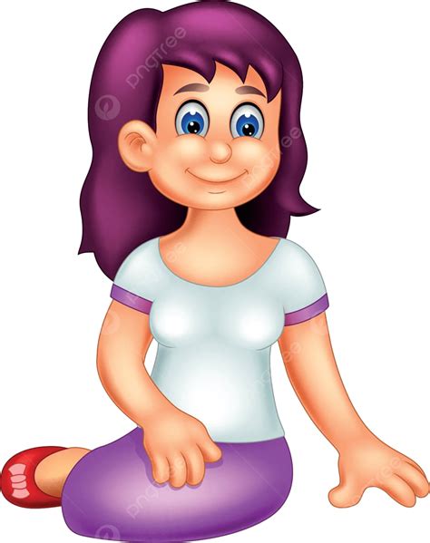Cute Purple Hair Girl Sitting Cartoon Background Colorful Comic Vector
