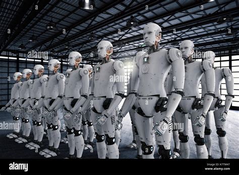 3d Rendering Robot Army Or Group Of Cyborgs In Factory Stock Photo Alamy