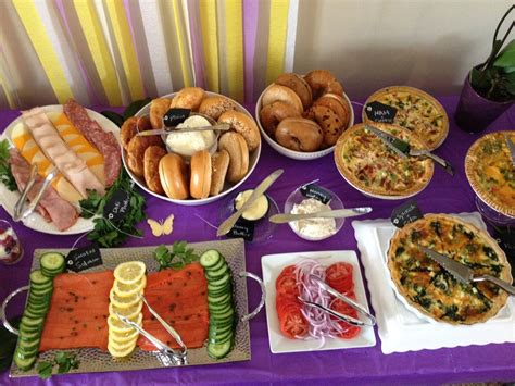 From the corner deli to your greasy spoon diner to mcdonald's. Brunch Birthday party table layout. Bagel bar with deli platter and smoked salmon, quiches of ...