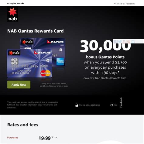 On top of the rewards earned through points, the card comes with perks like free extended warranty, fraud. NAB Credit Card 30,000 QFF Points - $95 Annual Fee, $1500 Spend - NAB Qantas Rewards Card ...