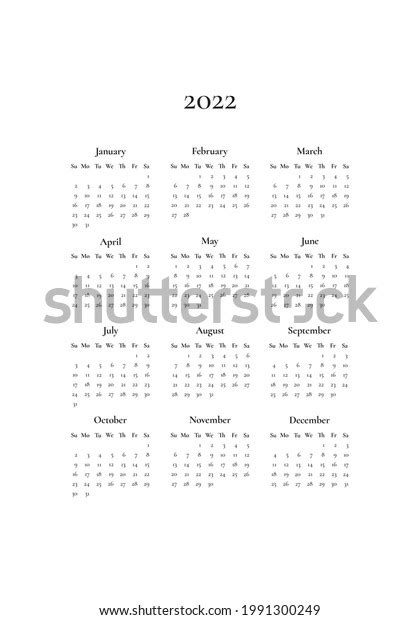 2022 Yearly Calendar Template Weeks Start Stock Illustration 1991300249