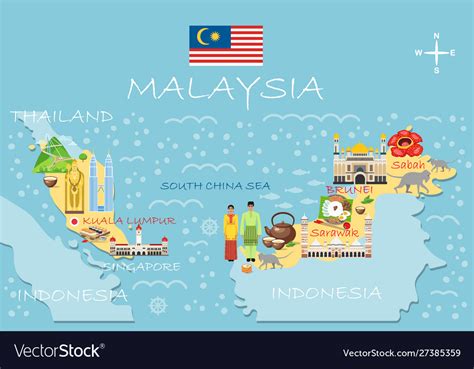 Stylized Map Malaysia Travel With Malaysian Vector Image