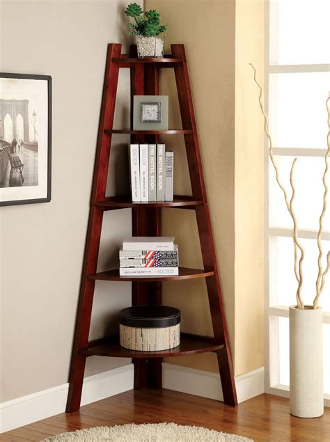 Cm Ac6214ch Lyss Cherry Finish Wood 5 Tier Corner Bookcase Shelf