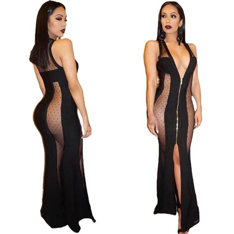 new sexy women maxi dress sheer mesh deep v sleeveless split zip slim party club long dresses