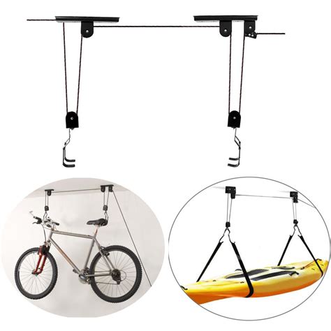 Lift bar system connects hooks, straps, and cables to bikes. bikight bike bicycle lift ceiling mounted hoist storage garage bike hanger save space roof ...