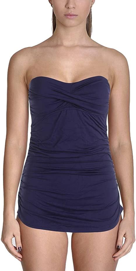 Anne Cole Womens Twist Front Shirred Bandeau One Piece Swimsuit Navy