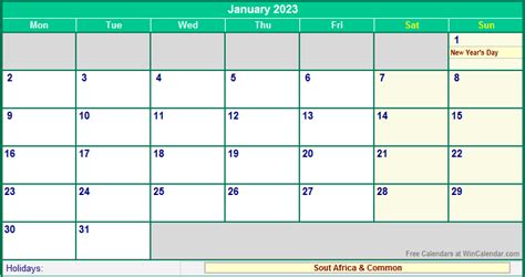 January 2023 South Africa Calendar With Holidays For Printing Image