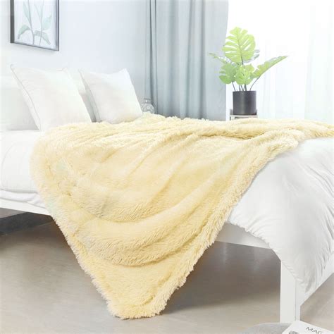 Reversible Lightweight Soft Long Shaggy Faux Fur Pale Yellow Blanket Full Size