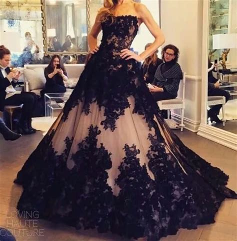 Gorgeous Black Lace Applique And Nude Tulle Strapless Ball Gown Full