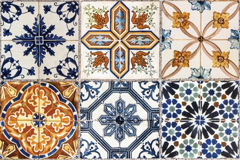 Several Types Of Old Colored Tiles With Different Patterns Stock Photo