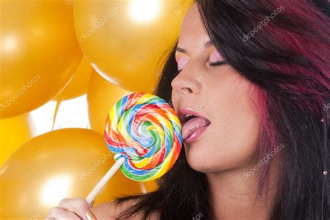 Beautiful Lady Licking Lollypop Stock Photo Oblickstudio