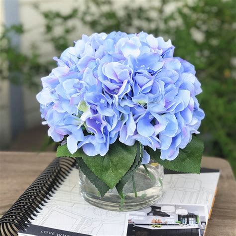 enova home artificial hydrangea silk flowers arrangement in clear vase with faux water blue