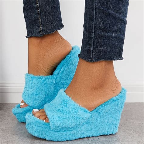 bonnieshoes faux fur wedge slippers furry platform high heel slide shoes