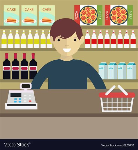 A Young Cashier Man Standing In Supermarket Vector Image