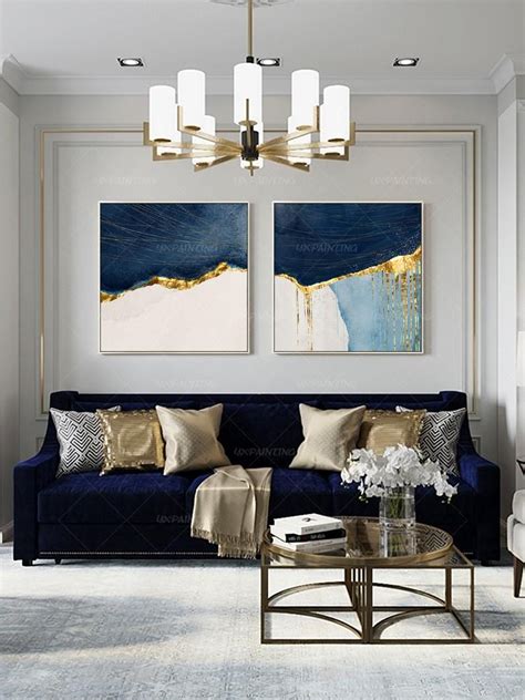 Bule Gold Painting Minimalist Wall Art Framed 2 Pieces Gold Art Navy