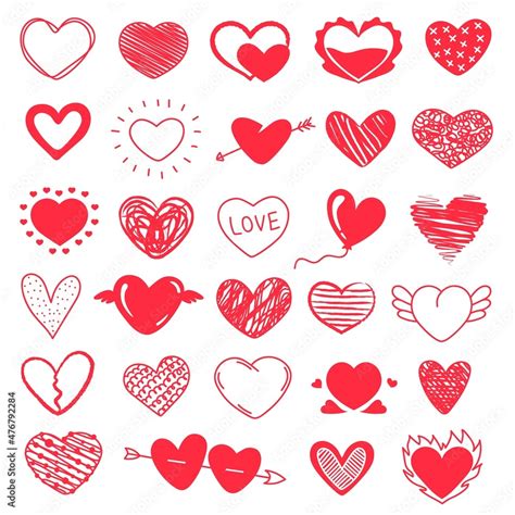Vecteur Stock Cute Red Doodle Hearts Hand Drawn Heart Scribbles