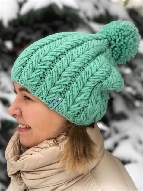Cable Knit Winter Hat Neo Mint Color Slouch Beanie Handmade Etsy In 2020 Knitted Hats