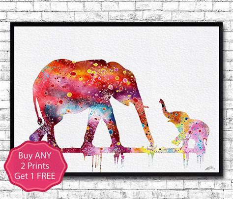 Mom And Cute Baby Elephant Watercolor Print Animal Wall Decor Children