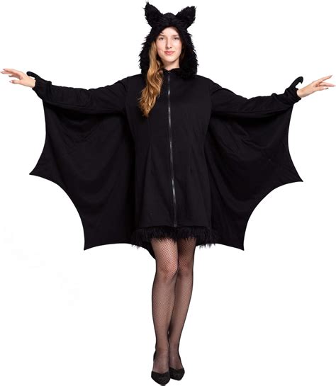 Creative Womens Black Bat Wings Zip Hoodie Halloween Costumes For Women Vampire Zipper Dress