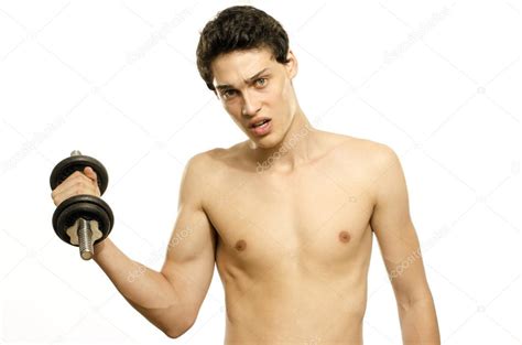 Hombre flaco entrenando su músculo bíceps Hermosa adolescente