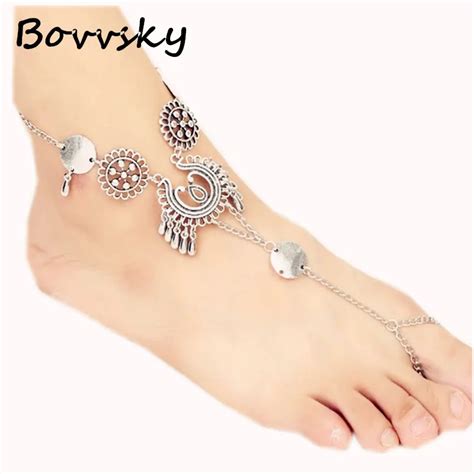 Bovvsky Vintage Antique Silver Retro Coin Anklets For Women Sexy Ankle Bracelet Sandals Brides