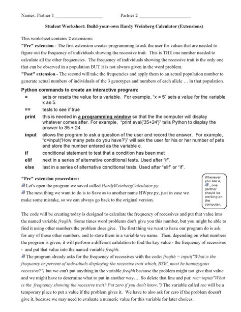 Answer key hardy weinberg problem set p2 + 2pq + q2 = 1 and p + q = 1 p = frequency of the dominant allele in the population q = frequency of the recessive allele in the 2pq = 2 (.98) (.02) =.04 7. Hardy Weinberg Calculator Extensions