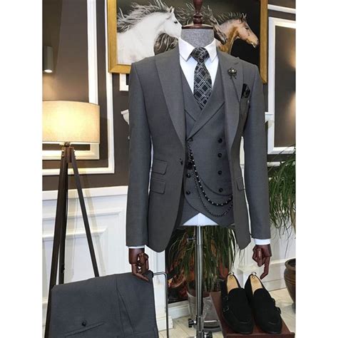 Gray Men Suit Pieces Peak Lapel Single Breasted Formal Prom Party Groom Tuxedo Wedding Suit