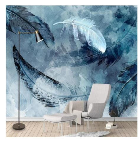 Nordic Vintage Blue Feather Wallpaper Wall Mural Home Decor Etsy