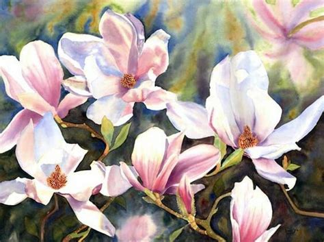 A Painting Of Pink And White Flowers On A Branch