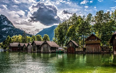 Nature Landscape Lake Mountains Boathouses Trees Hdr Clouds Sunlight