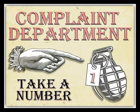 Vintage Tin Poster Complaint Department Take A Number Hand Grenade
