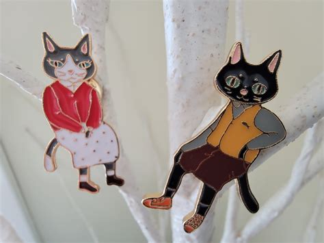 Pair Of Whimsical Enamel Cat Pins Cat Lover T Etsy