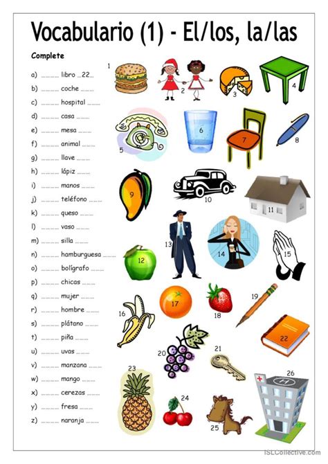 Vocabulario 1 Complete con EL LOS Español ELE hojas de trabajo pdf