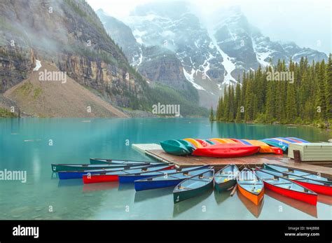 Colorful Canoes At Moraine Lake Banff National Park Alberta Canada