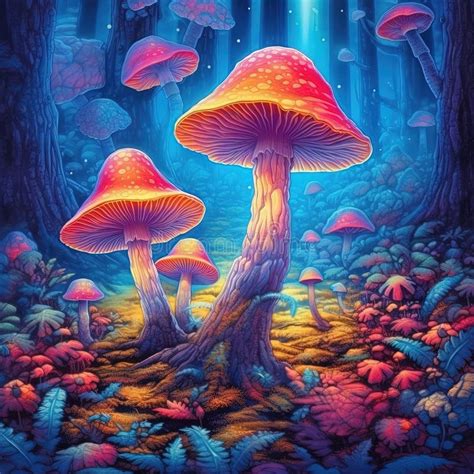 Colorful Mushrooms In Psychedelic Forest Neon Dmt Mushrooms Concept