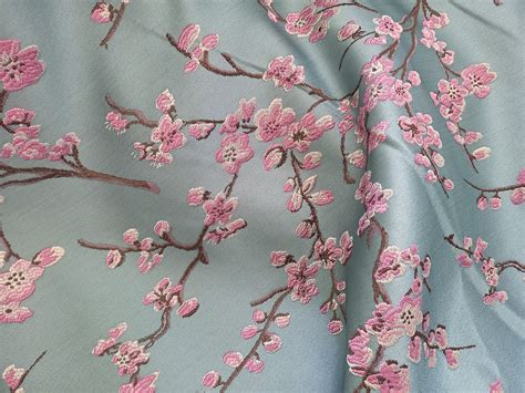 Brocade Fabric Cherry Blossoms Blue And Pink Sakura Fabric Etsy