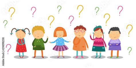 Little Kids Look Thoughtfully And Stand Under Lot Of Question Marks Set