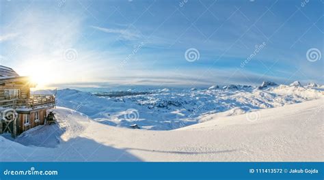 Winter Panoramic View In Alps With Log Cabin Stock Photo Image Of