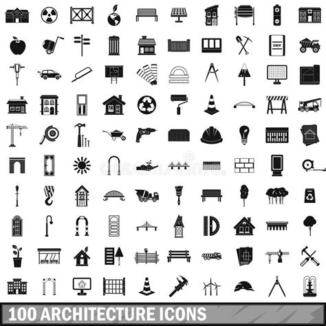 100 Architecture Icons Set Simple Style Stock Vector Illustration Of