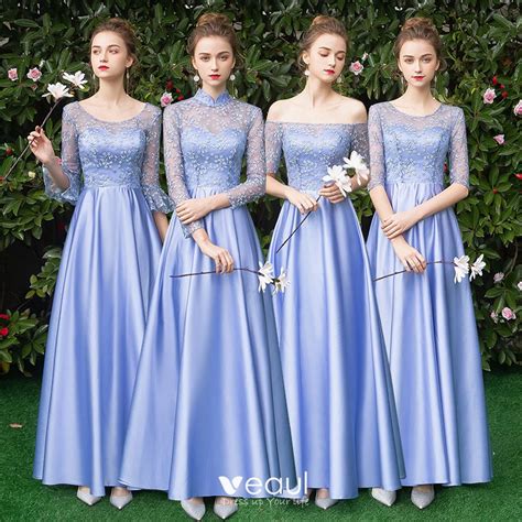 Affordable Sky Blue Satin Bridesmaid Dresses 2019 A Line Princess