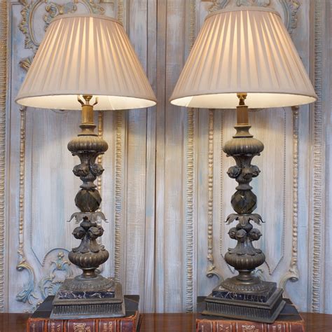 Pair Of Antique Tall French Ornate Smoked Glass Marble And Spelter Table