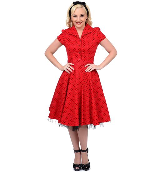 Swing Dress 1950s Style Red And Black Polka Dotted Cap Sleeve Swing Dress
