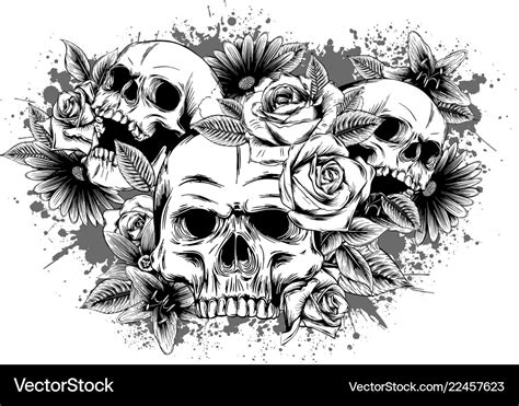 Skull With Flowers With Roses Drawing By Hand Vector Image