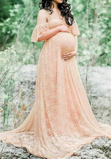Apricot Floral Lace Bandeau Pleated Off Shoulder Floor Length Maternity