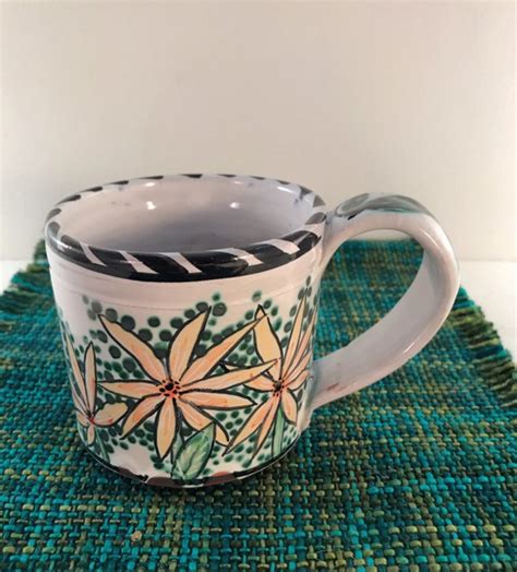 Majolica Hand Painted Floral Pottery Mug Has Yellow Daisies Etsy