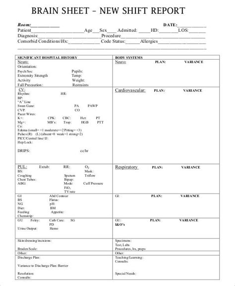 Printable Nursing Report Sheet Template Free Printable Templates