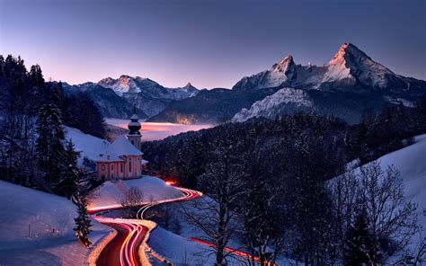 Germany Church Alps Long Exposure Winter Snow Mountains Hd Wallpaper