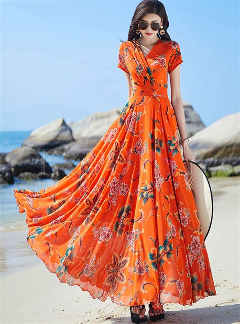 Dresses Maxi Dresses Hot V Neck Floral Print Chiffon Long Dresses